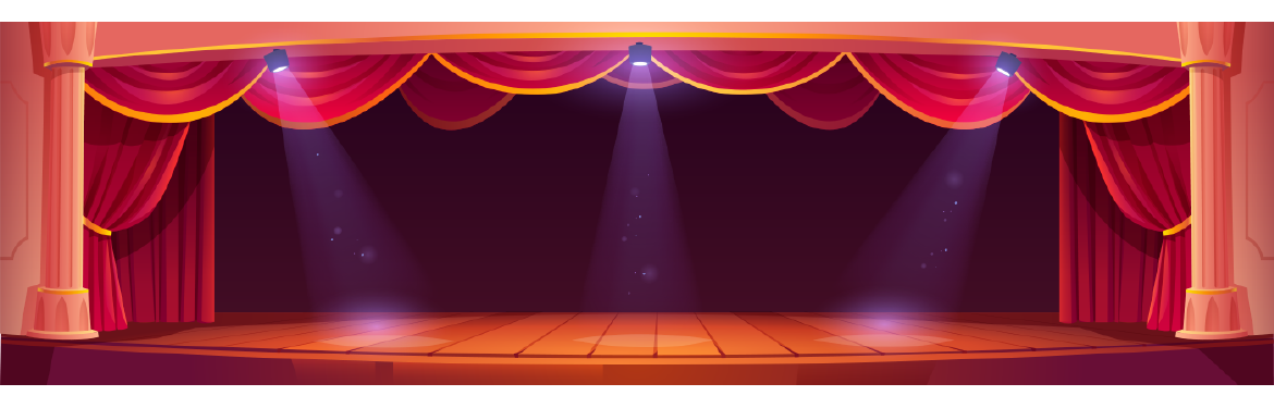 Illustration of a theatre stage with spotlights and curtains