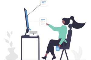 Illustration of a person working at a desk using a computer