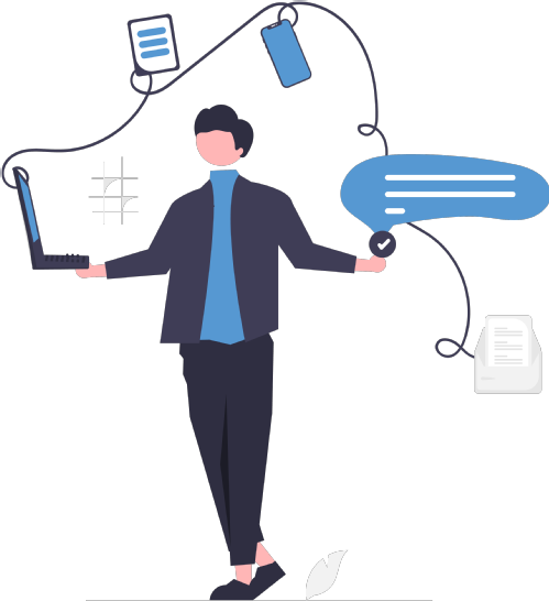Illustration of a person using a laptop and mobile phone to organise their work