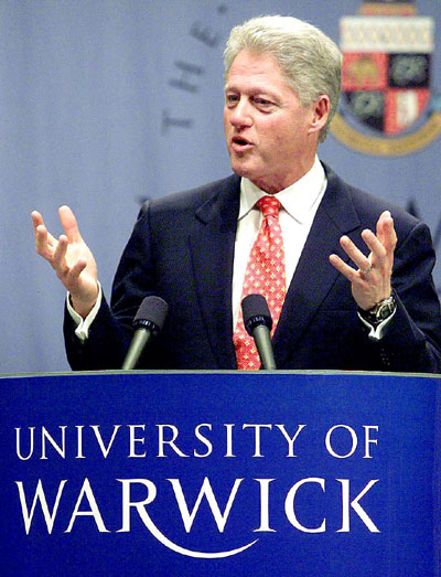 President Bill Clinton speaking to an invited audience in the Butterworth Hall in the University of Warwick's Arts Centre.