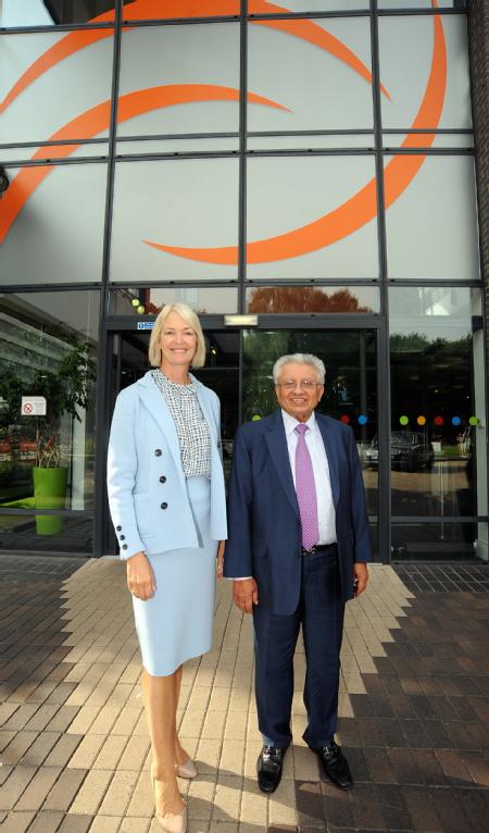 Caption: Margot James pictured with the late Professor Lord Bhattacharyya in 2016  Credit: WMG, University of Warwick