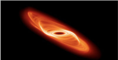Image showing a rotating protoplanetary disc with a warp in its initial stages.