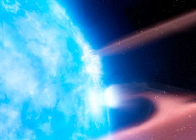 Artist’s impression of a white dwarf, G29—38, accreting planetary material from a circumstellar debris disk. When the planetary material hits the white dwarf surface, a plasma is formed and cools via detectable X-ray emission. Credit: University of Warwick/Mark Garlick