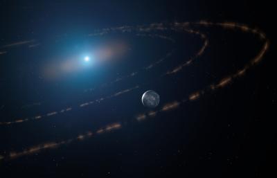 An artist’s impression of the white dwarf star WD1054–226 orbited by clouds of planetary debris and a major planet in the habitable zone. Credit: Mark Garlick