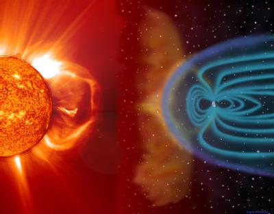 An illustration of material being ejected from the Sun (left) interacting with the magnetosphere of the Earth (right). Credit: MSFC / NASA