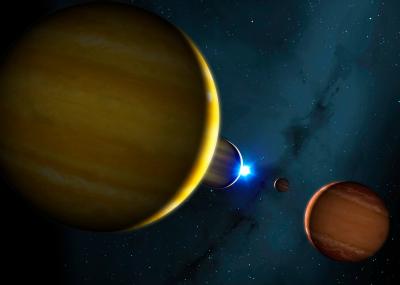 Artist impression of the four planets of the HR 8799 system and its star (Credit: University of Warwick/Mark Garlick).