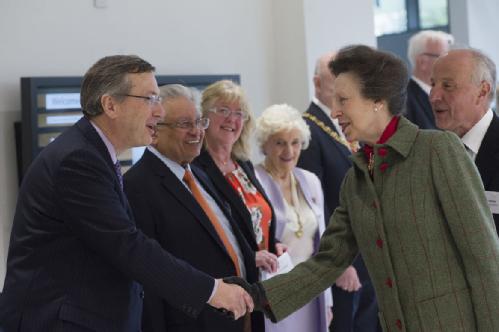  Princess Anne is introduced to the Vice-Chancellor, University of Warwick Professor Stuart Croft at the official opening of the new teaching building the Oculus