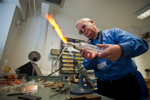Mr Peter Brindley, the retired glassblower at work. Credit: University of Warwick