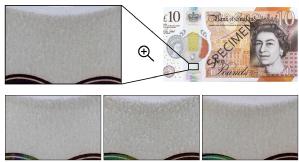 Caption: A demonstration of the feature area from a £10 polymer banknote (top). Three snapshots at the bottom show the random variation of the patterns for three different £10 banknotes. Credit: University of Warwick