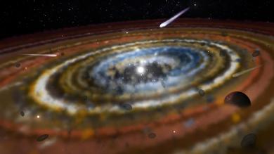 Artist’s impression of the exocomets in the planetary system around b Pictoris (Credits: Michaela Pink)
