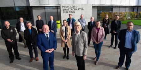 Caption: Front, Cllr O’Boyle with Margot James and partners from organisations across Coventry congregating outside the Prof. Lord Bhattacharyya building home to NAIC the National Automotive Innovation Centre at WMG, University of Warwick  Credit: Mark Radford Photography