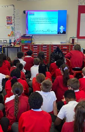 Caption: Children at Courthouse Green primary school listening to the online workshop from TeenTech and WMG researchers  Credit: WMG, University of Warwick