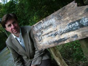 Professor David Morley with 'slow poetry' art trail in Strid Wood