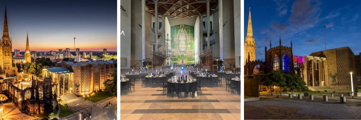 A trio of images showing the exterior and interior of Coventry Cathedral
