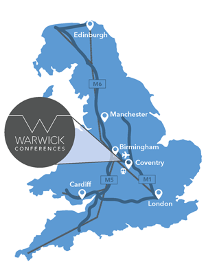Doodle map showing the location of Warwick Conferences' Coventry conference facilities.