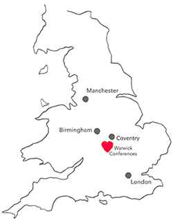 Doodle map showing the location of Warwick Conferences, a Midlands conference centre.