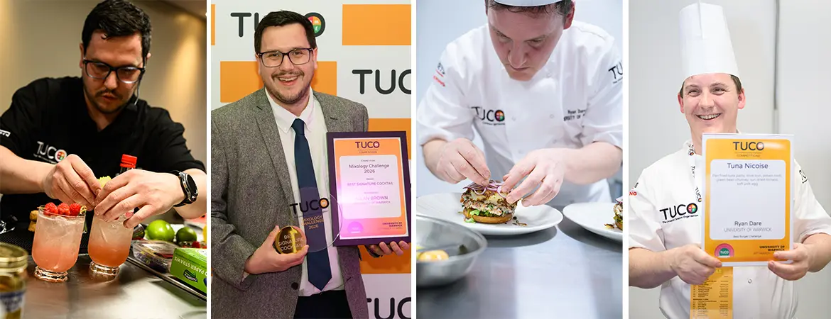 Gallery image showing cocktails and burgers being made, with chefs holding awards