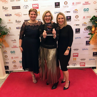 Gail Tomlinson-Short, head of business development at Warwick Conferences, is pictured with the ‘Business Events Venue of the Year’ Award and right, Kerry Steward, senior sales manager at Warwick Conferences, and left, Claire England, Visit Coventry.