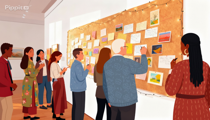 AI generated image of people viewing and contributing to of Community Showcase display