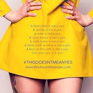 A campaign poster for #thisisnotayes depicting writing on a skirt