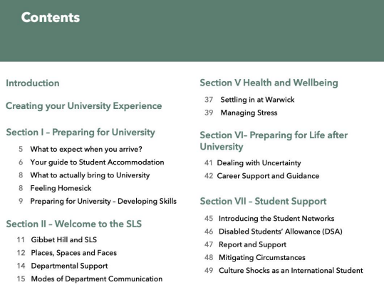 Copy of the SLS handbook contents page