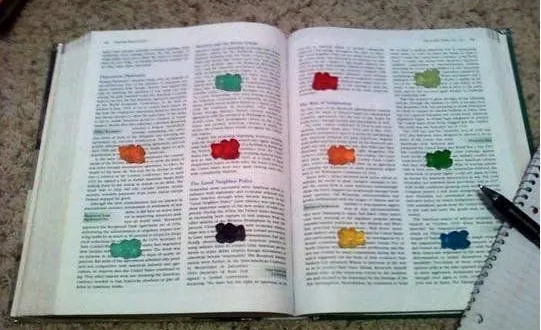 Text book with gummies bears laid out to be eaten after reading each section