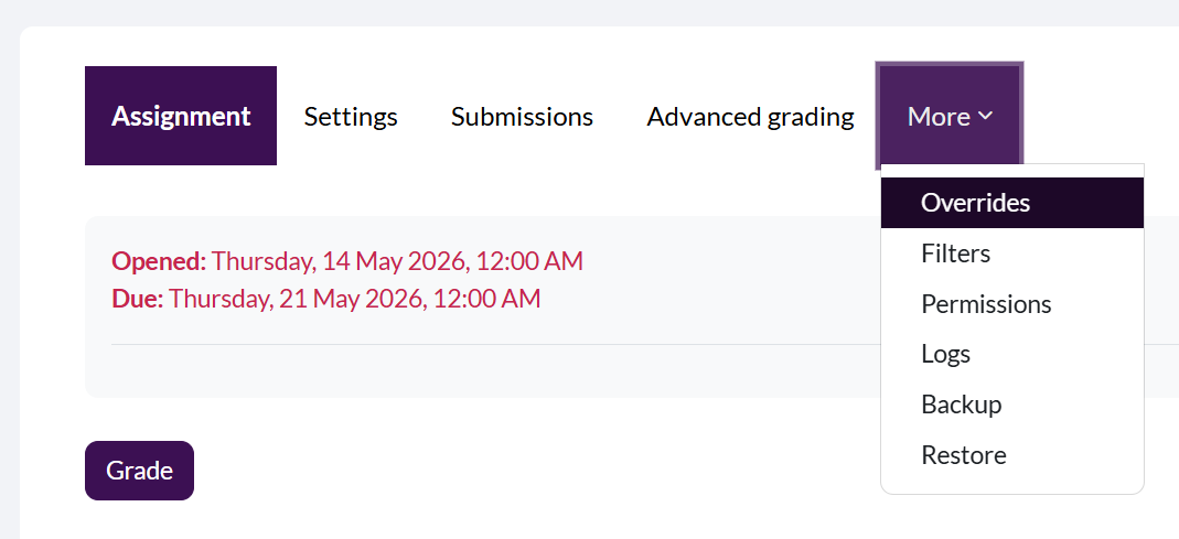 Assignment page showing the More menu and the Overrides option