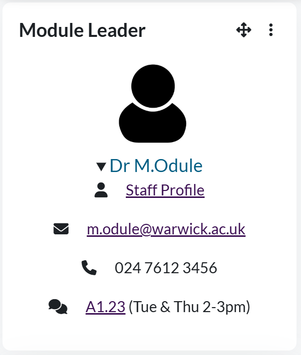 Moodle block showing the module leader's name, profile image and contact details