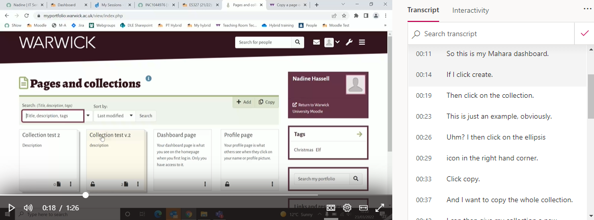 A screen shot of a Microsoft Stream video with inline transcript