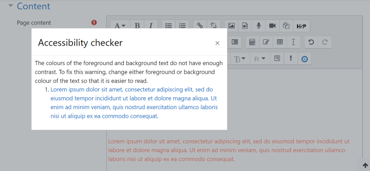 Accessiblity checker dialogue box in Moodle