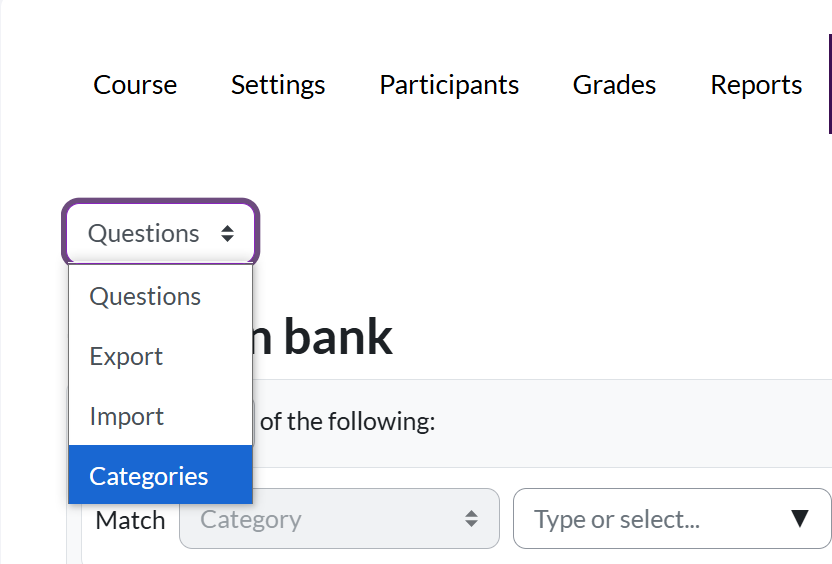 Question bank menu showing Categories highlighted