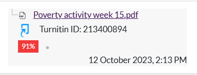 A student submission with the file name, Turnitin submission ID and similarity score.