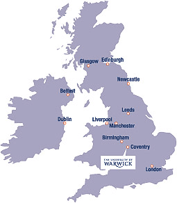 A map showing the location of the University of Warwick
