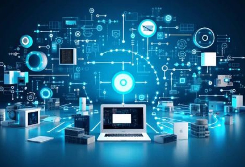 Blue graphic of various technology devices arranged in a circular grouping on a horizontal surface