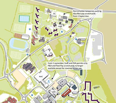 Map of the changes to parking on campus - click/tap for full size