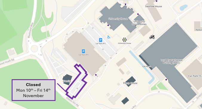 A map showing which section of the Kirby Corner car park is closed in purple