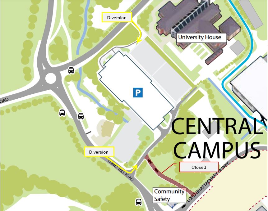 A map showing the closure of the link road of Kirby Corner car park and diversions in place 