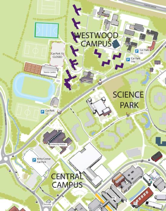 Image of a map showing Car Park 13 in Westwood campus closed, with alternative parking found within Westwood roads, Car Park 12, 14 & Kirby Corner.