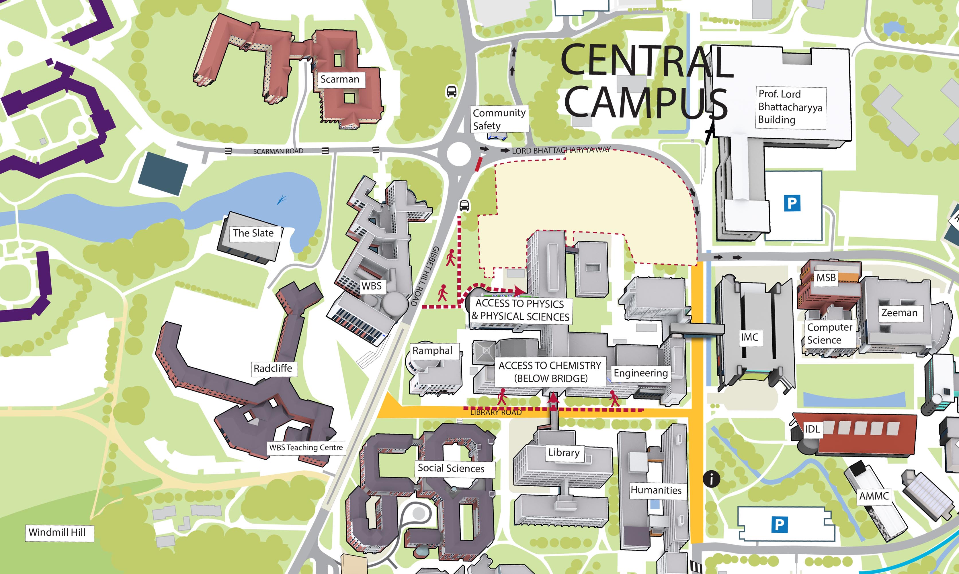 Map of the University of Warwick showing the pedestrian diversions into the Physics, Physical Sciences & Chemistry building