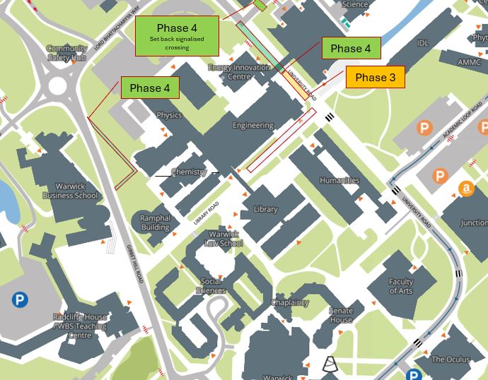 An image of Library road and Lord Bhattacharyya Way showing the areas affected for the period of the 4 phase works.