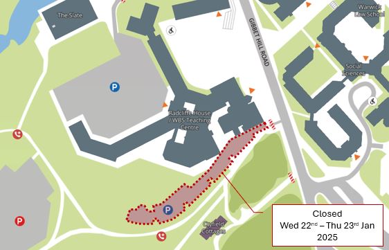 A map showing the location of the rear of Radcliffe car park being closed between Wednesday 22nd to Thursday 23rd January 2025