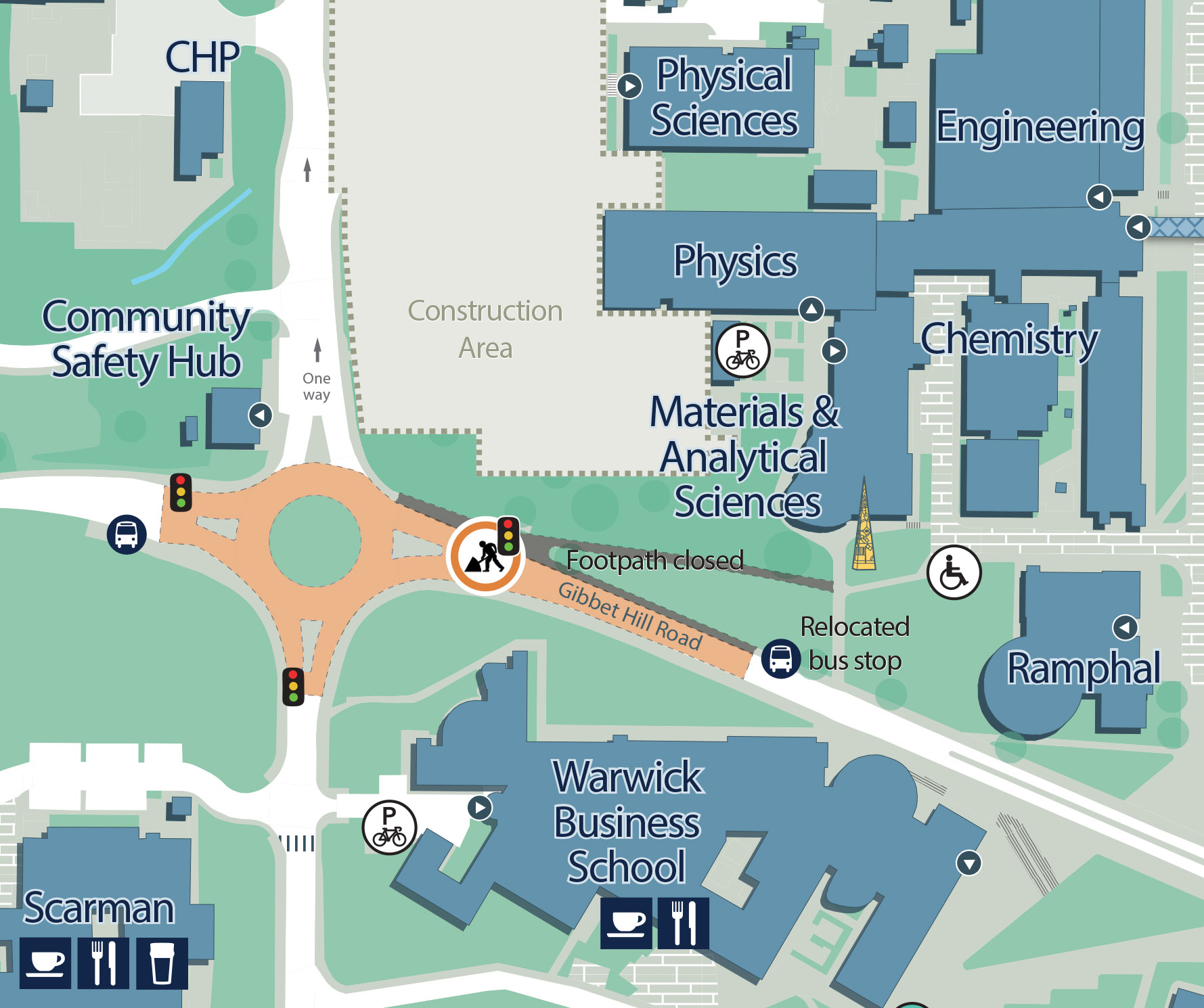 An aerial view map showing an icon of where the temporary traffic lights will be located along with the footpath closure.
