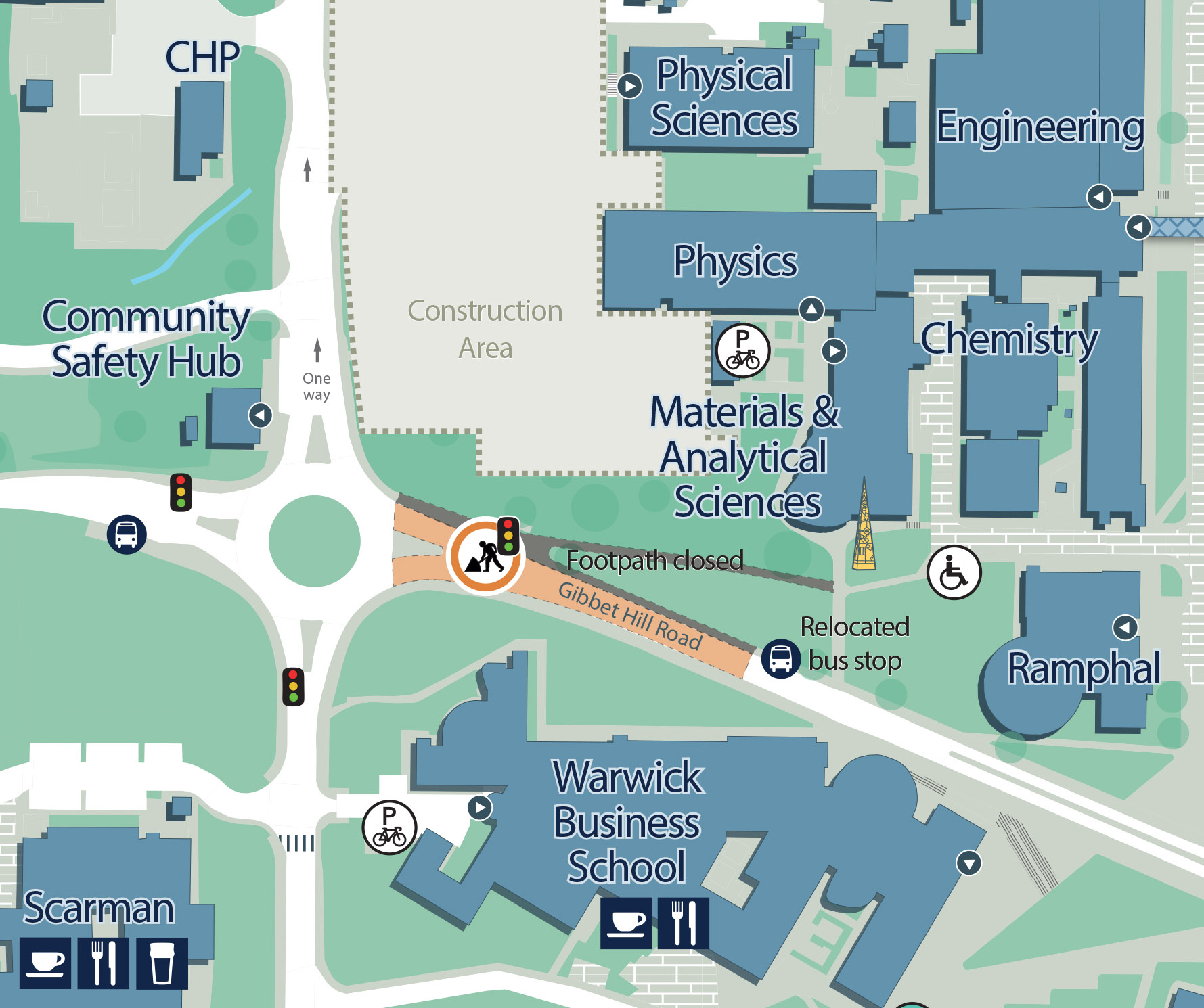 An aerial view map showing an icon of where the temporary traffic lights will be located along with the footpath closure.