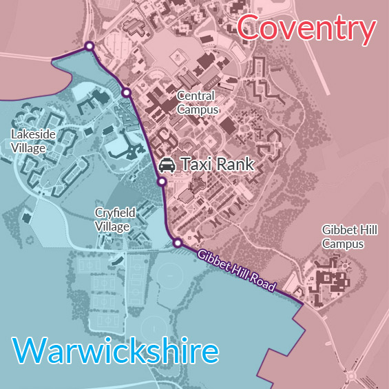 Map of taxi rank and local authority border through campus