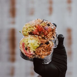 A Burrito that has been cut in half