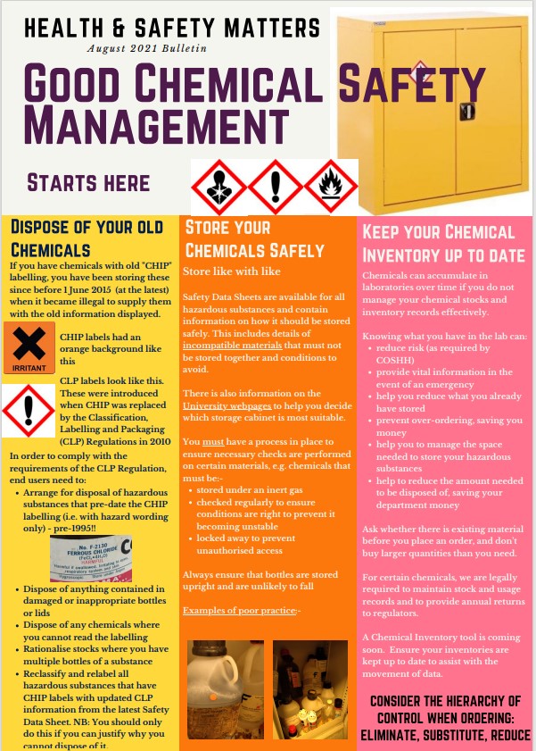 This is a Chemical Safety Bulletin around good chemical safety management, focusing on procurement, storage and stock control