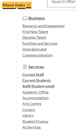 The drop down More links selected and a list of items including Staff/student email