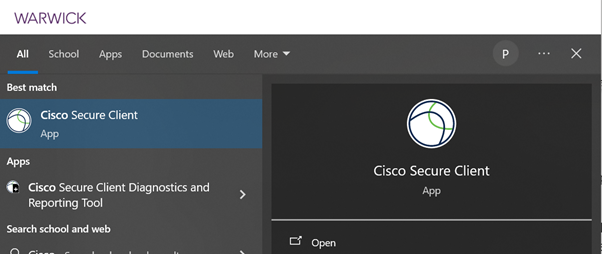 Cisco Secure Client found using the Windows search