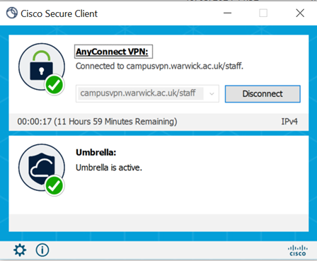 Cisco Secure Client screen showing VPN is connected, with an option to Disconnect