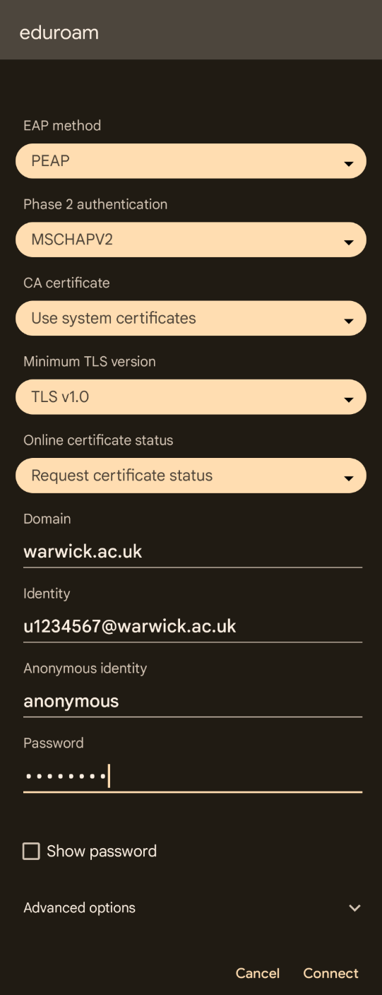 The Android 14 eduroam network settings menu